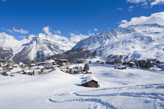 View of mountains covered with snow at Arosa Switzerland ski resorts for winter sports
