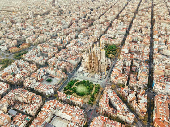 A birds eye view from above the cathedral in Barcelona, Spain