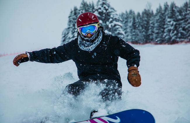 Snowboarder wearing goggles and helmet in the snow