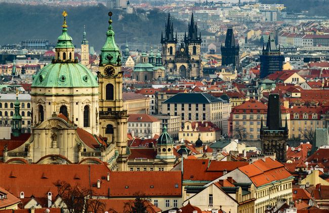 The tops of buildings in Prague, Czech Republic